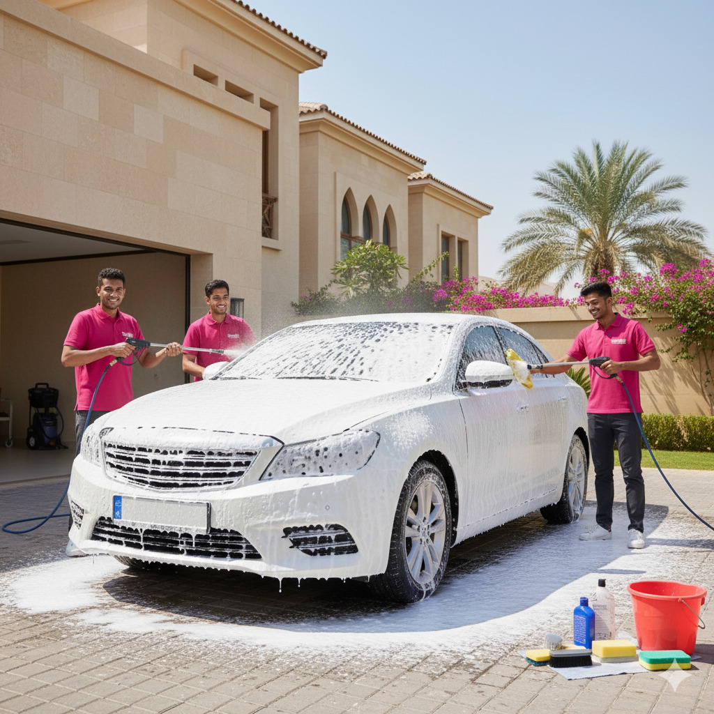 Premium car wash service at a Riyadh villa driveway
